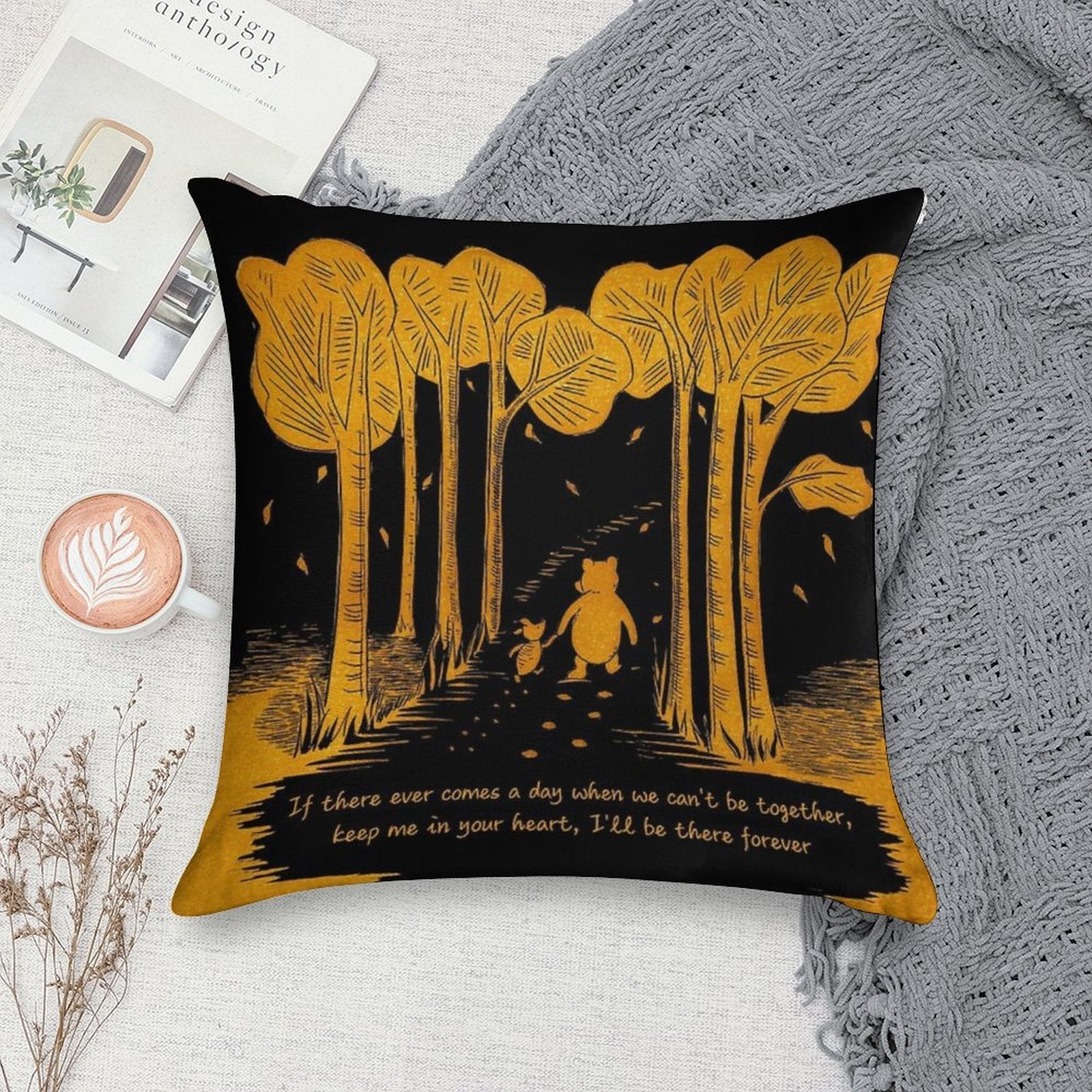 If There Ever Comes A Day When We Can't Be Together Winnie The Pooh And Piglet Linocut Black And Gold Soft Reinforced Edging Throw Pillow