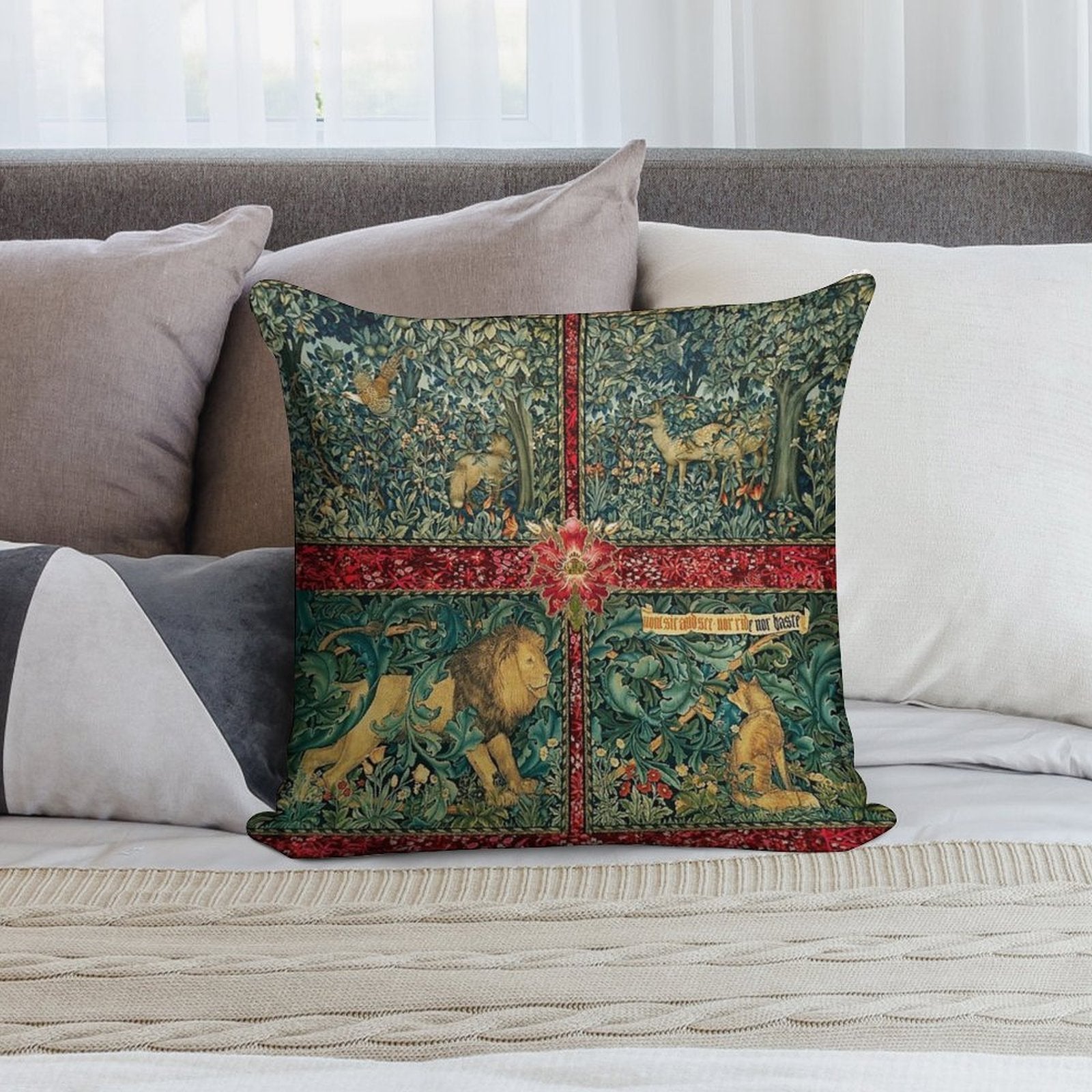 GREENERY FOREST ANIMALS ,LION ,FOX,PHEASANT AND DOES Red Green Floral Tapestry Soft Ultra-Soft Texture Throw Pillow