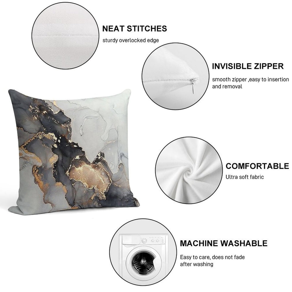 Marble Gray Black Gold Soft Washable Throw Pillow