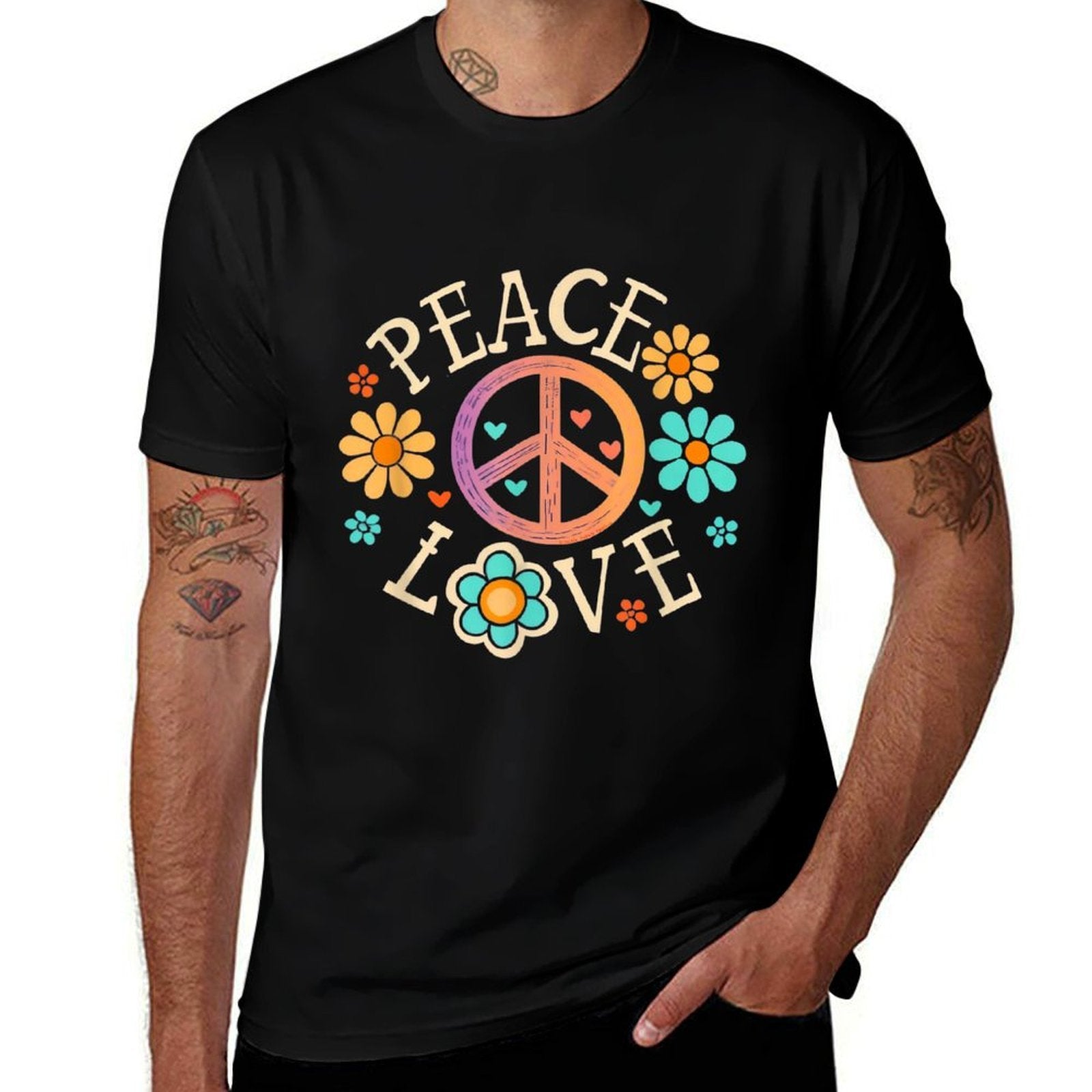 Retro 60s 70s Groovy Hippie Flowers Peace Sign Peace Love  Moisture-wicking T-Shirt