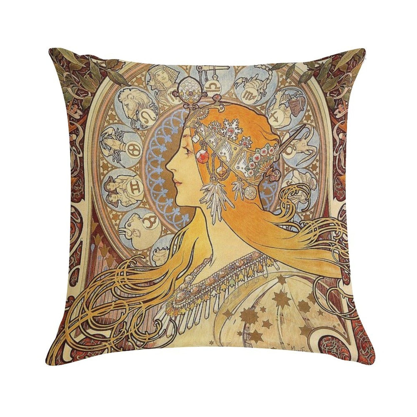 Alphonse Mucha Zodiac Art Nouveau Woman Soft Hidden Zipper Throw Pillow