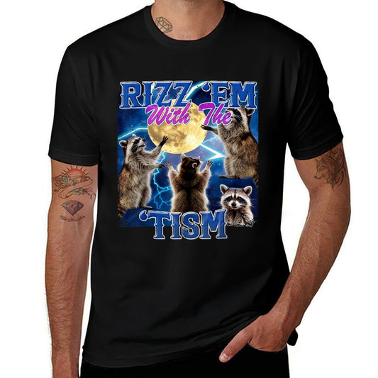 Rizz Em With The Tism Meme Autistic Raccoon Funny Rizz  Summer-ready Fabric T-Shirt