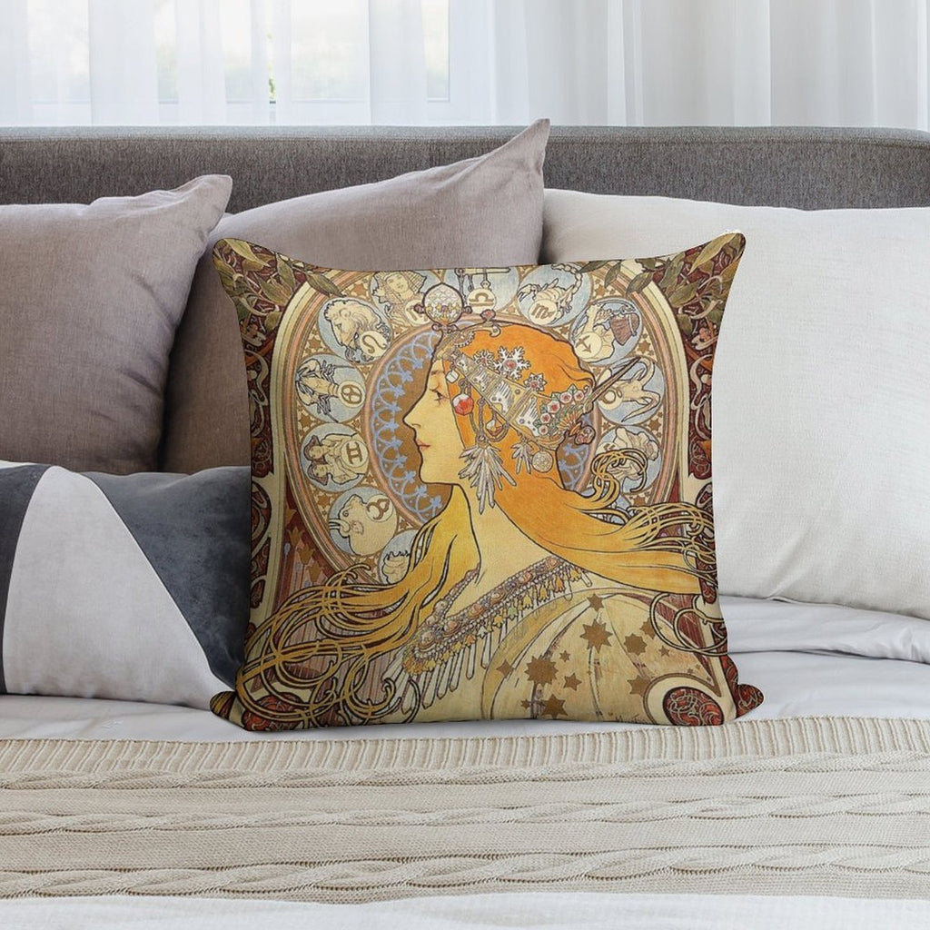 Alphonse Mucha Zodiac Art Nouveau Woman Soft Hidden Zipper Throw Pillow