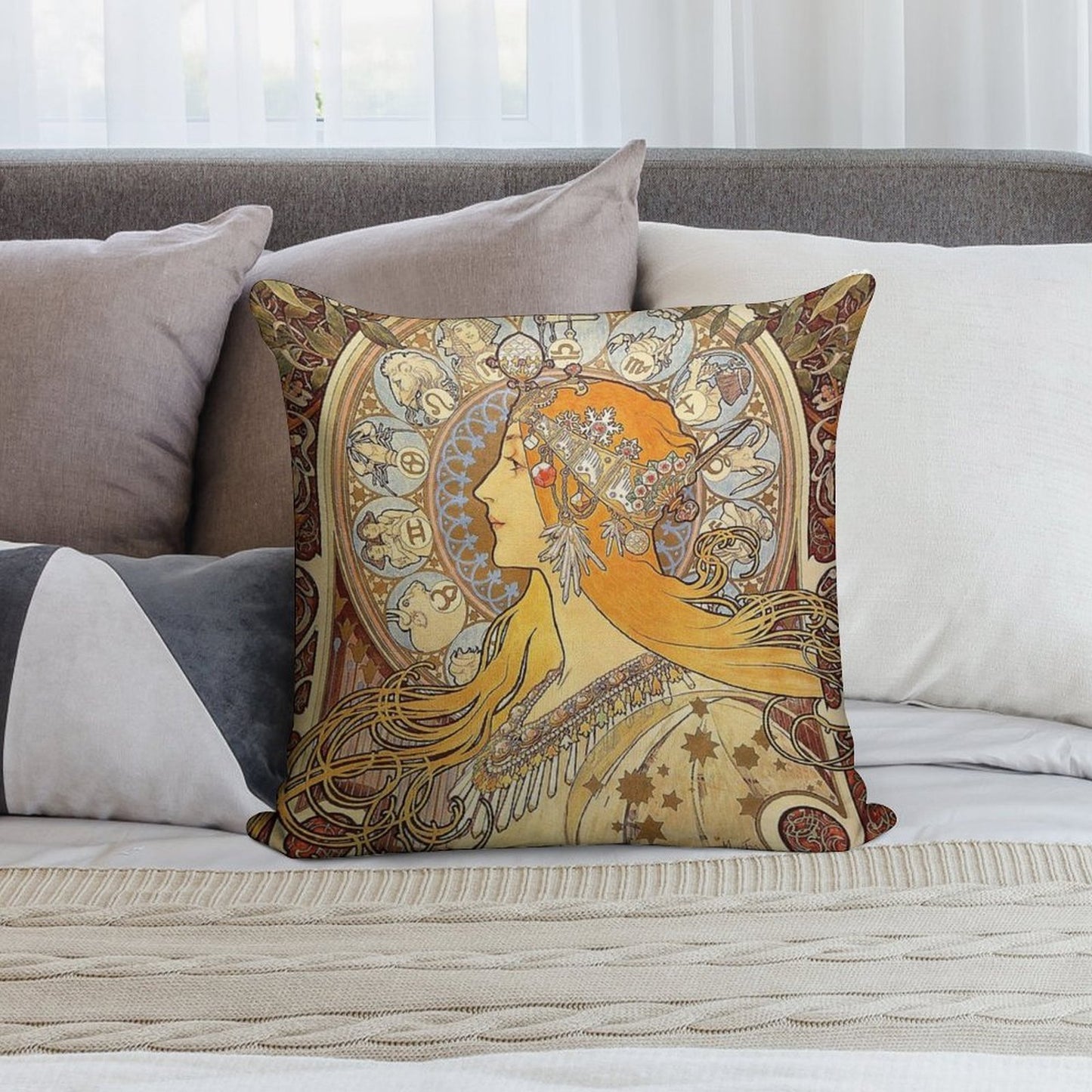 Alphonse Mucha Zodiac Art Nouveau Woman Soft Hidden Zipper Throw Pillow