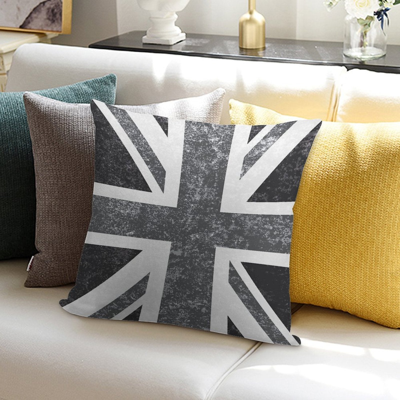 Union Jack Vintage Grayscale - United Kingdom Flag Soft Short Plush Fabric Throw Pillow