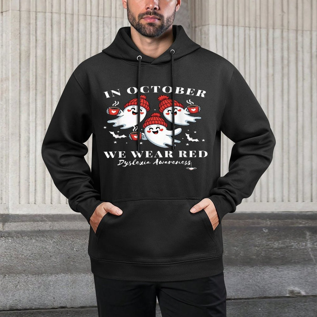 in October We Wear Red Dyslexia Awareness Halloween Ghost Colorfast Hoodie