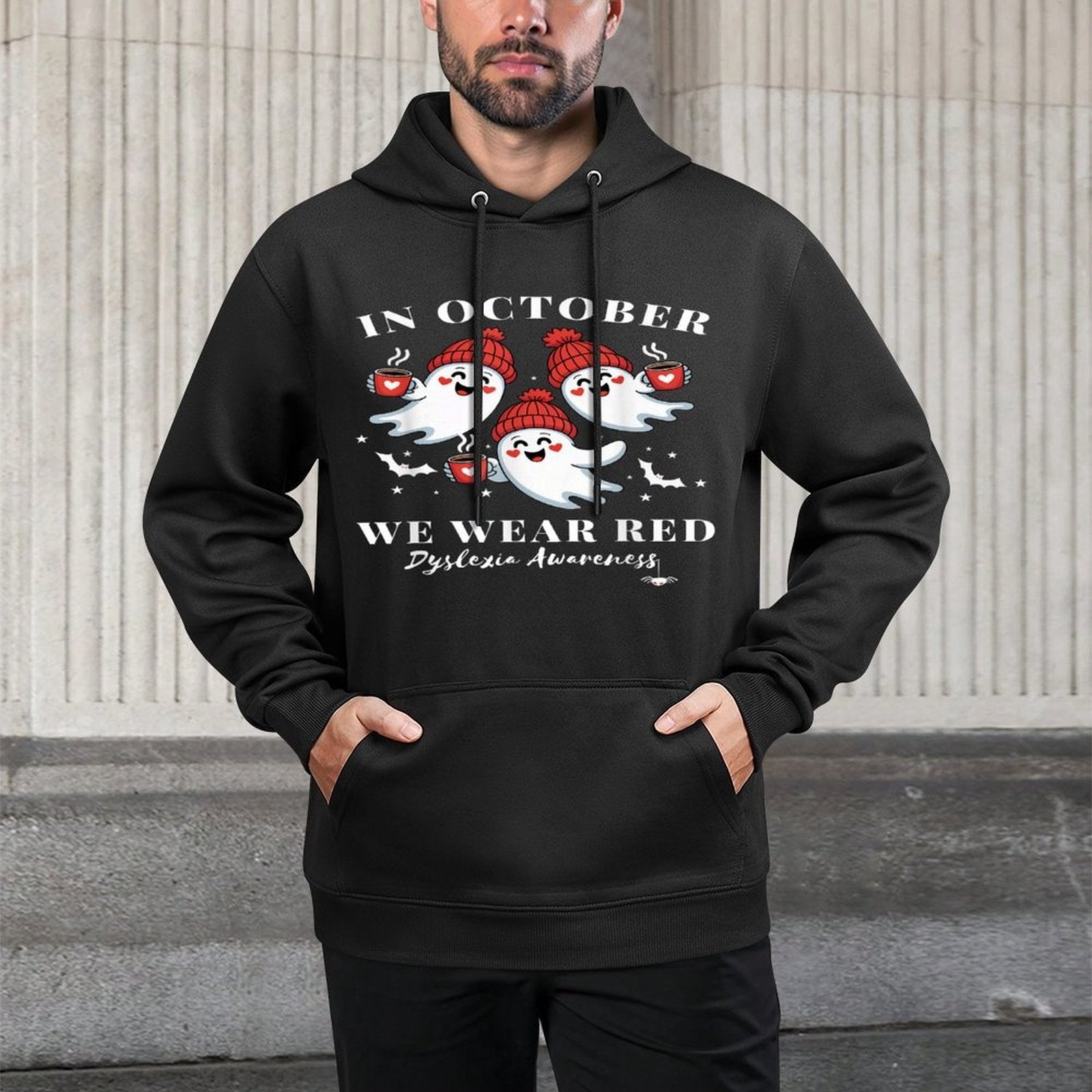 in October We Wear Red Dyslexia Awareness Halloween Ghost Colorfast Hoodie