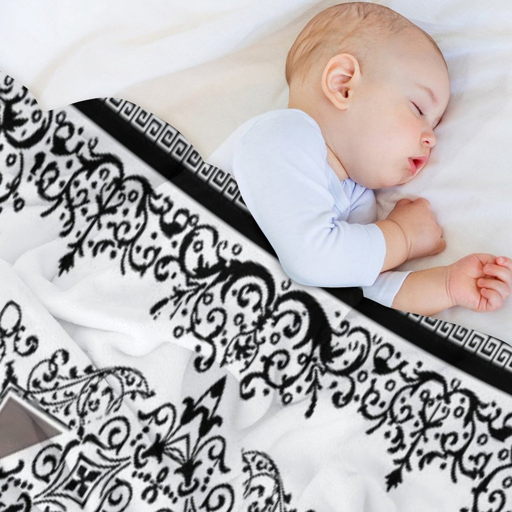 Ornate Baroque Diamonds White Black Purple Greek Key Floral Gift-ready Throw Blanket