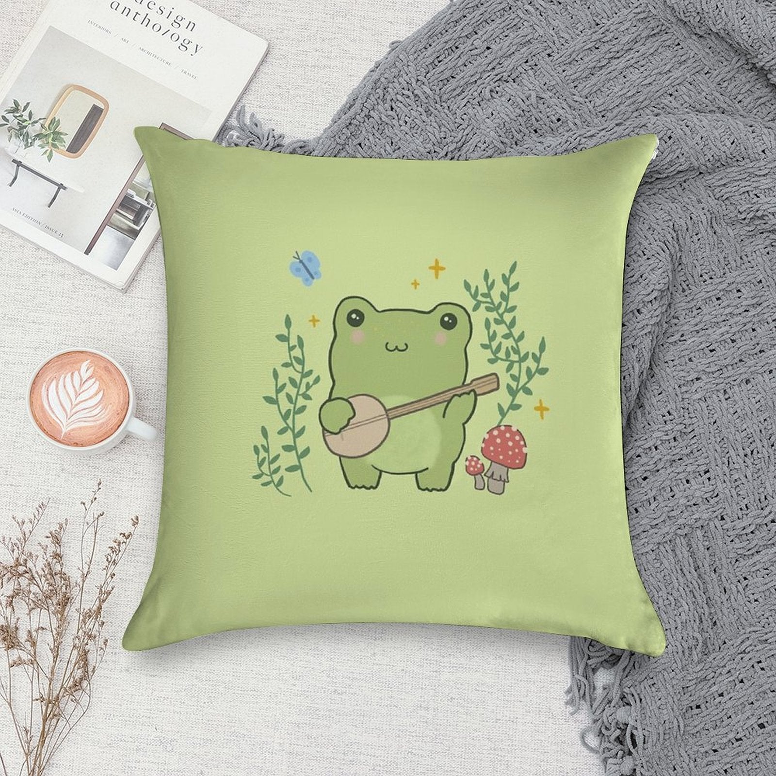 Kawaii Frog Playing Banjo Toad Cottagecore Aesthetic Mushroom And Blue Butterfly Soft Fade-Resistant Throw Pillow