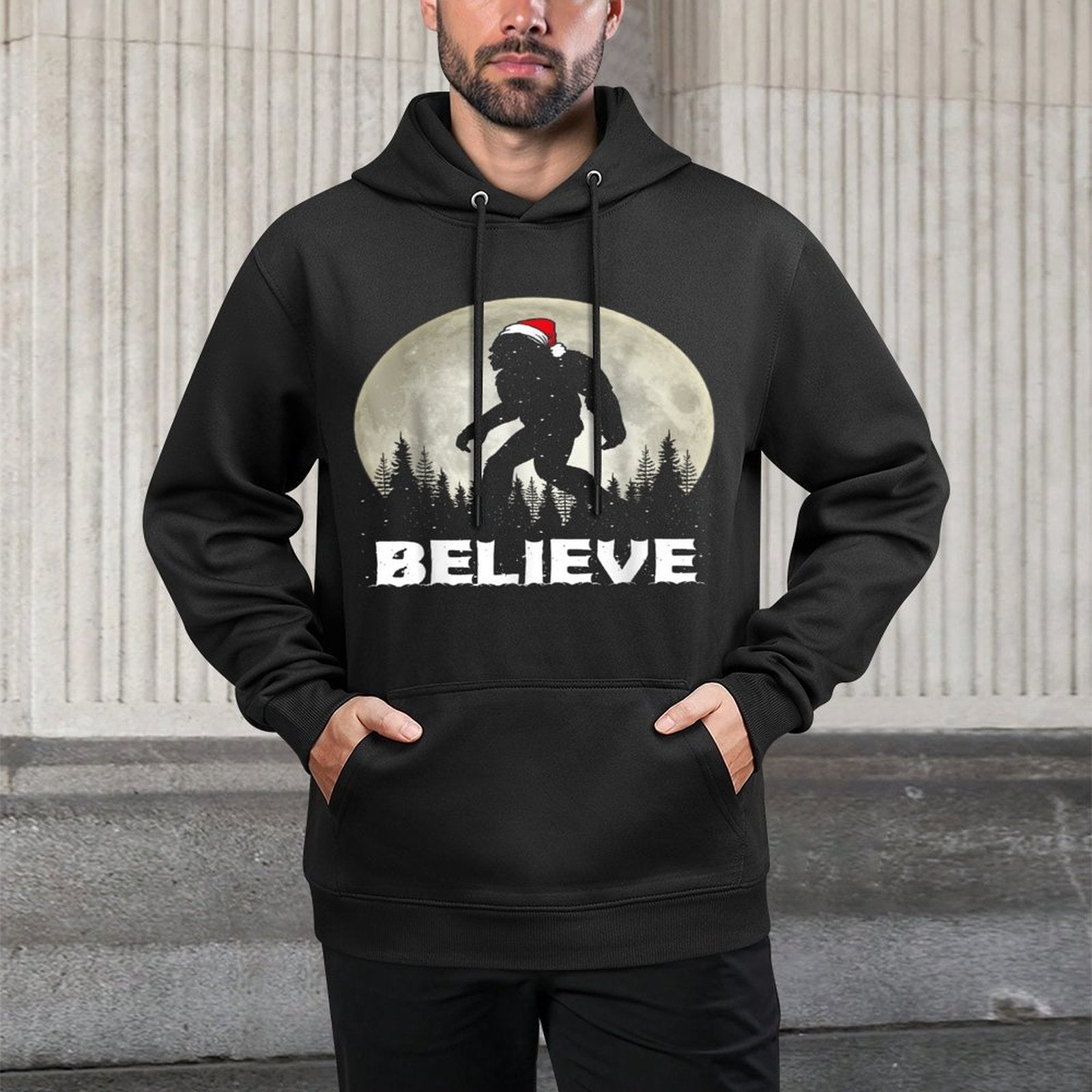 Santa Hat Bigfoot Believe Christmas Lights Rock Sasquatch Versatile Streetwear Hoodie