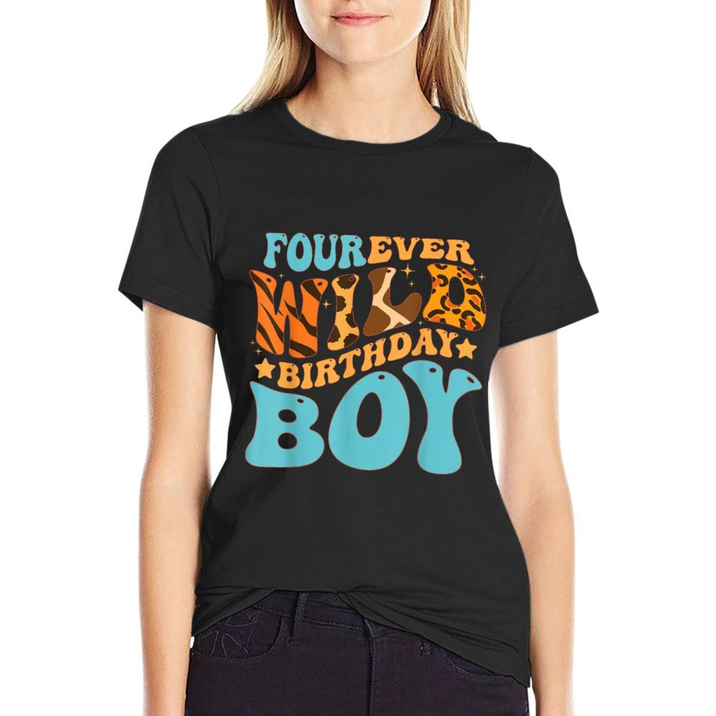 Four Ever Wild Birthday Boy Retro Groovy Safari Zoo Themed  Oversized Silhouette T-Shirt