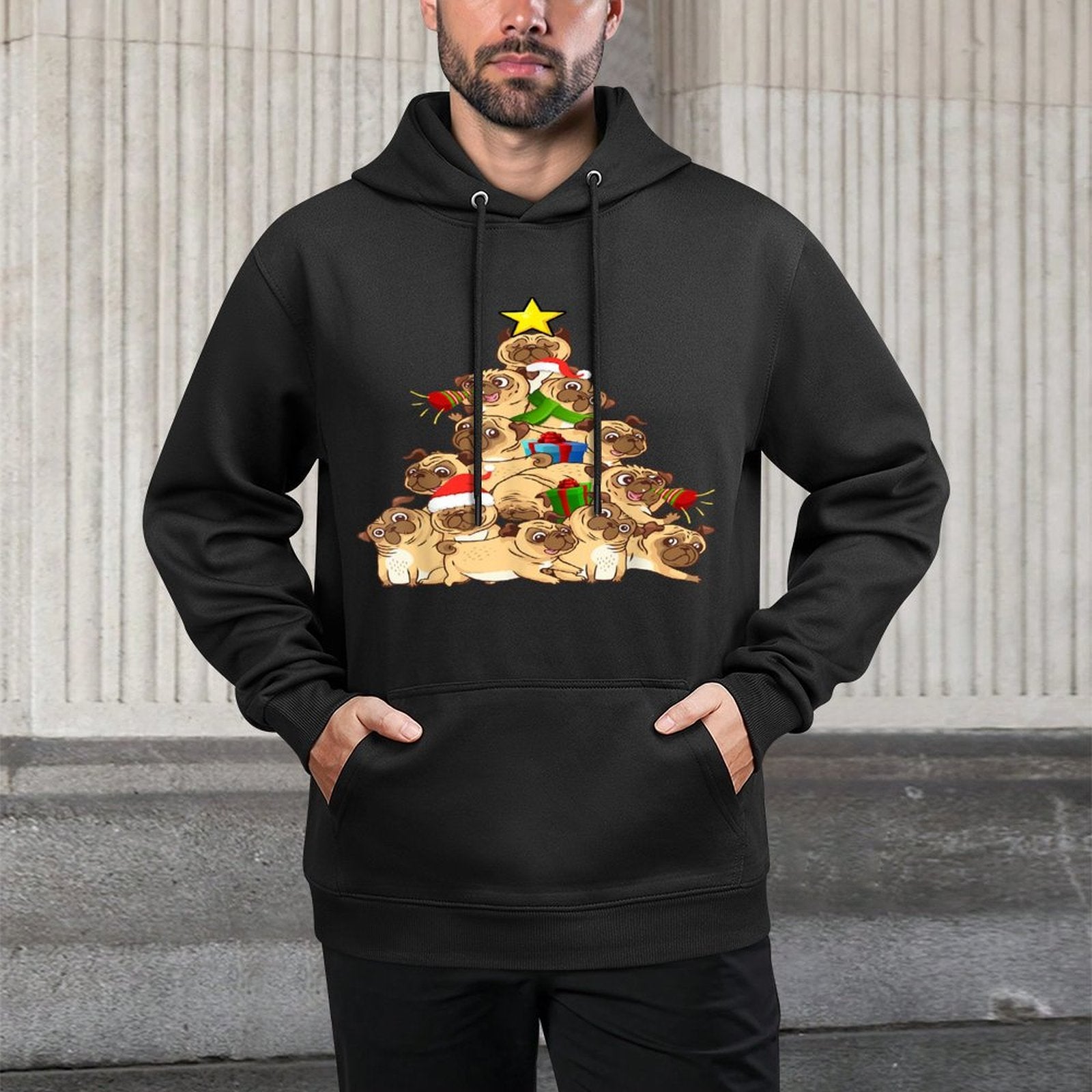 Pug Dogs Tree Christmas Sweater Xmas Pet Animal Dog Gifts for Men Women Kids Pilling-Resistant Hoodie