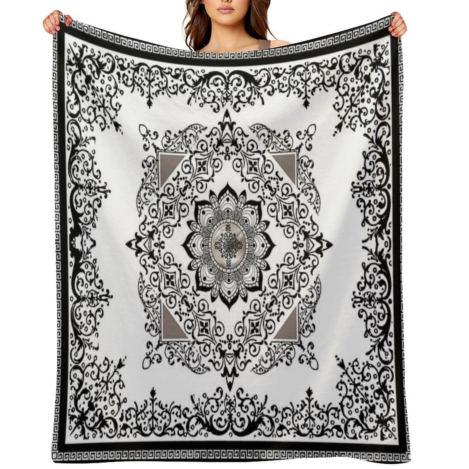 Ornate Baroque Diamonds White Black Purple Greek Key Floral Gift-ready Throw Blanket