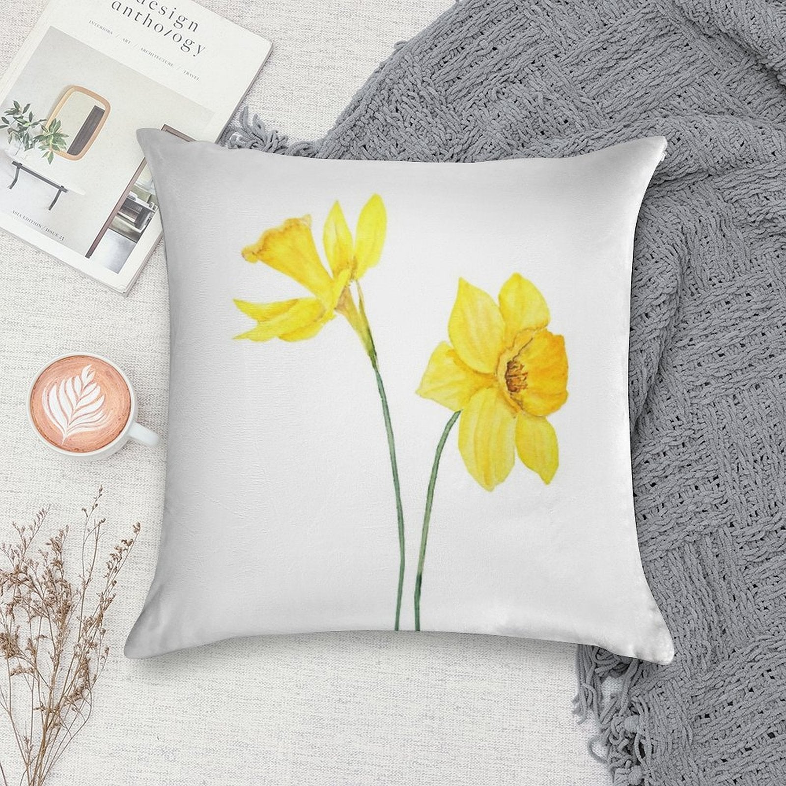 Hand Painted Yellow Daffodils Watercolor Painting Soft Bedroom Essential Throw Pillow