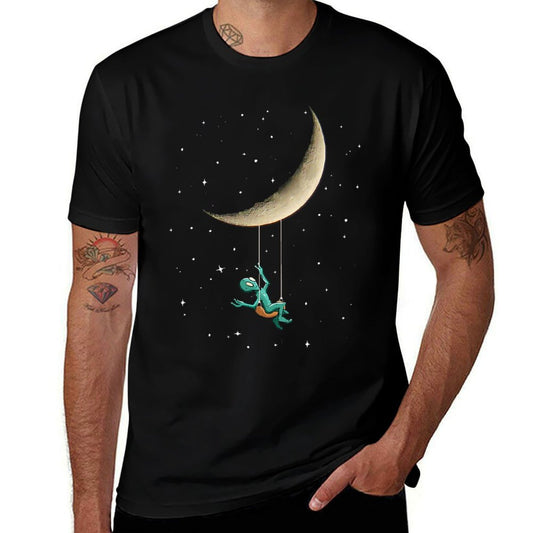 Womens Funny Alien in Space Swinging From The Moon  Ribbed Collar T-Shirt