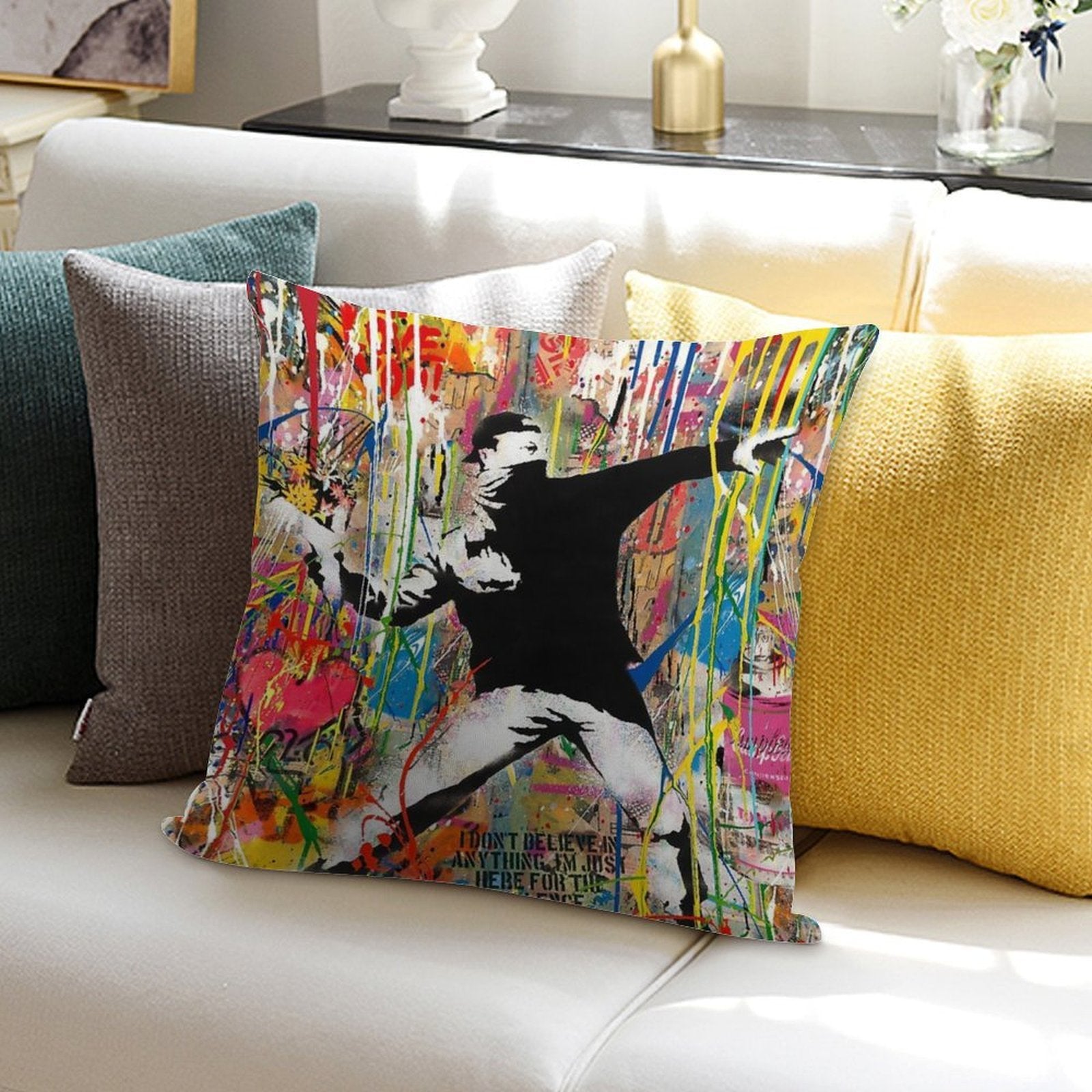 Flower Thrower Pop Street Art Colorful Soft Reinforced Edging Throw Pillow
