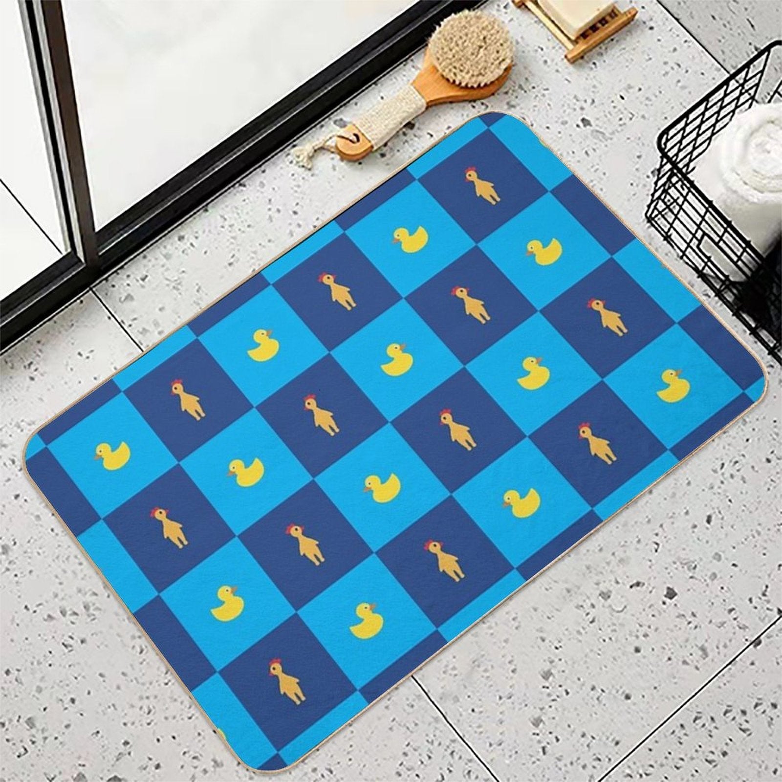 Rubber Chicken And Rubber Duck Blue Checkers Pattern  Dirt-Trapping Bath Mat