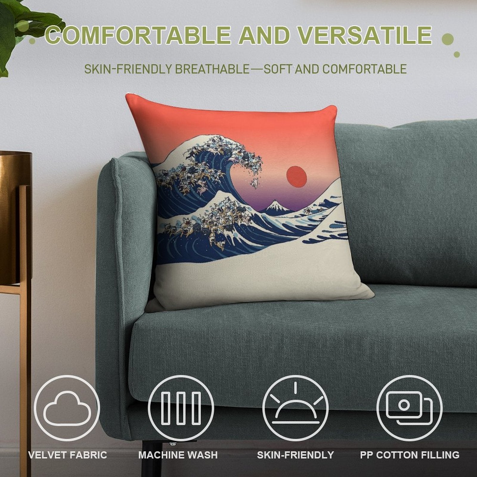 The Great Wave of French Bulldog Soft Easy Maintenance Throw Pillow