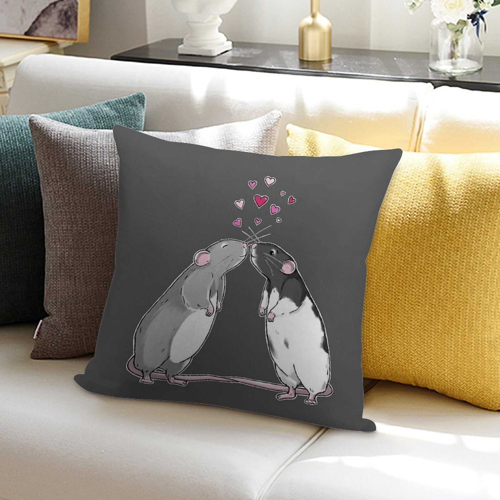 Rat Kisses (White Outline) Soft Washable Throw Pillow