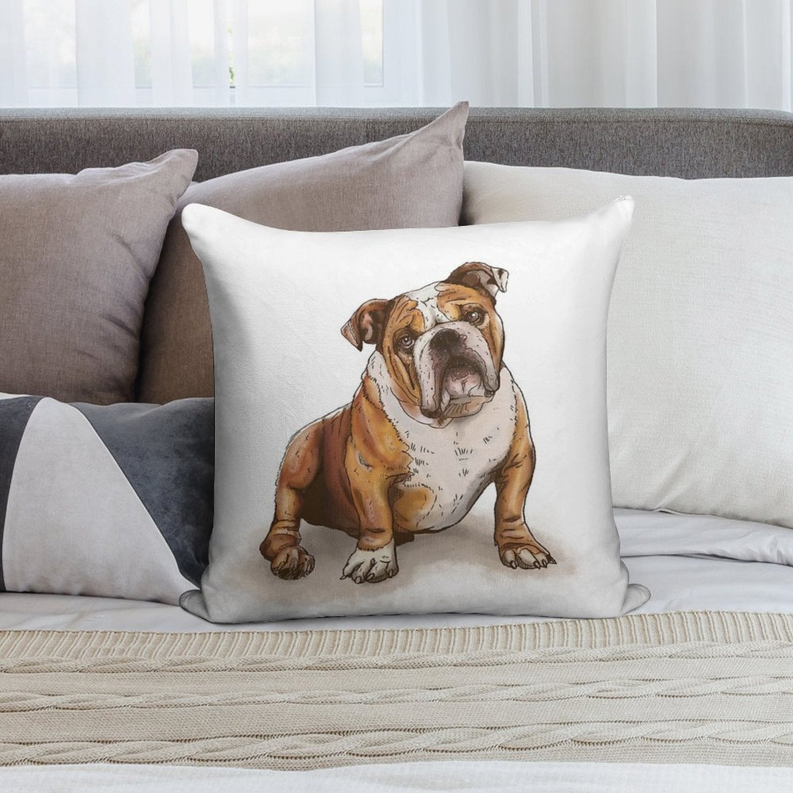 English Bulldog Illustration Soft Bedroom Essential Throw Pillow