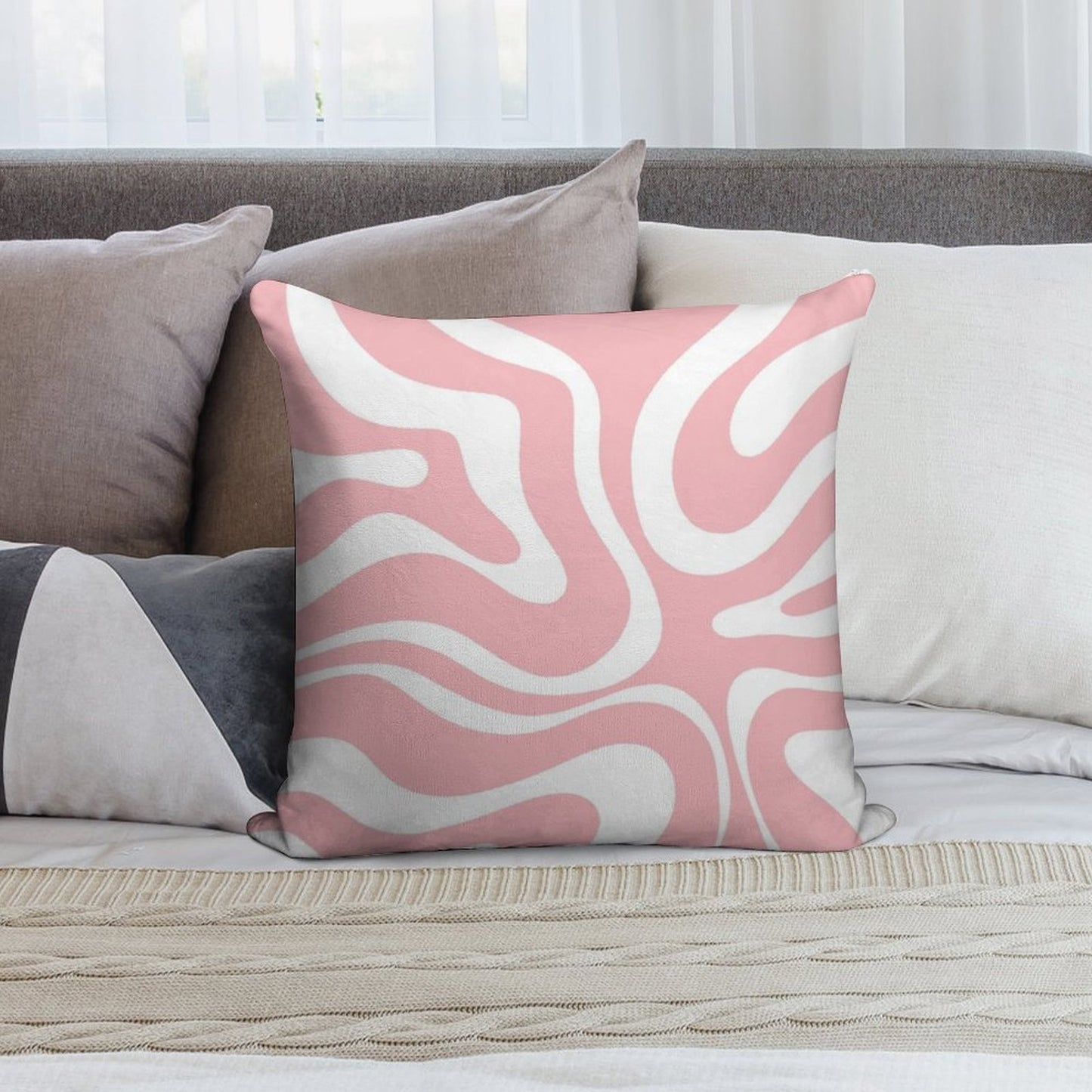 Retro Modern Liquid Swirl Abstract Pattern Square in Blush Pink And White Soft Home Decor Throw Pillow