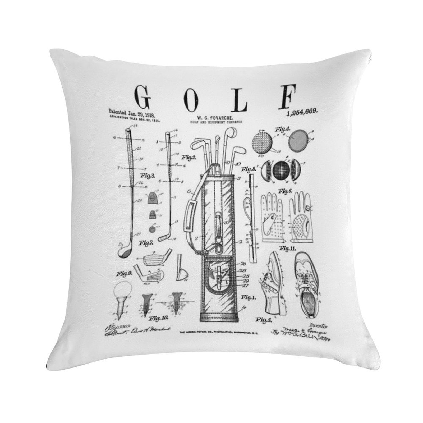 Golf Club Golfer Old Vintage Patent Drawing Print Soft Reinforced Edging Throw Pillow