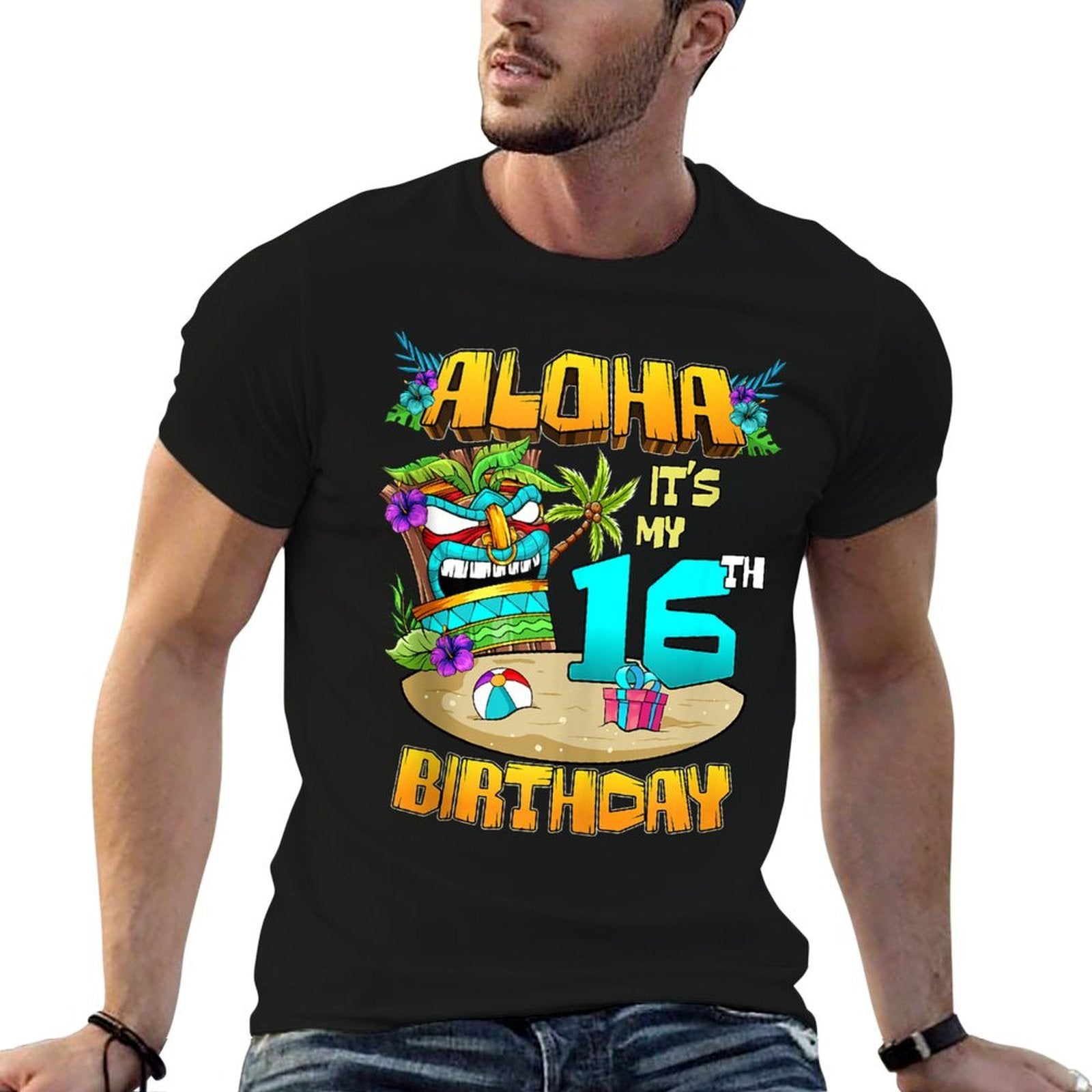 Aloha 16th Birthday Hawaii Tiki Hawaiian Theme 16 Years Old  High-quality Stitching T-Shirt