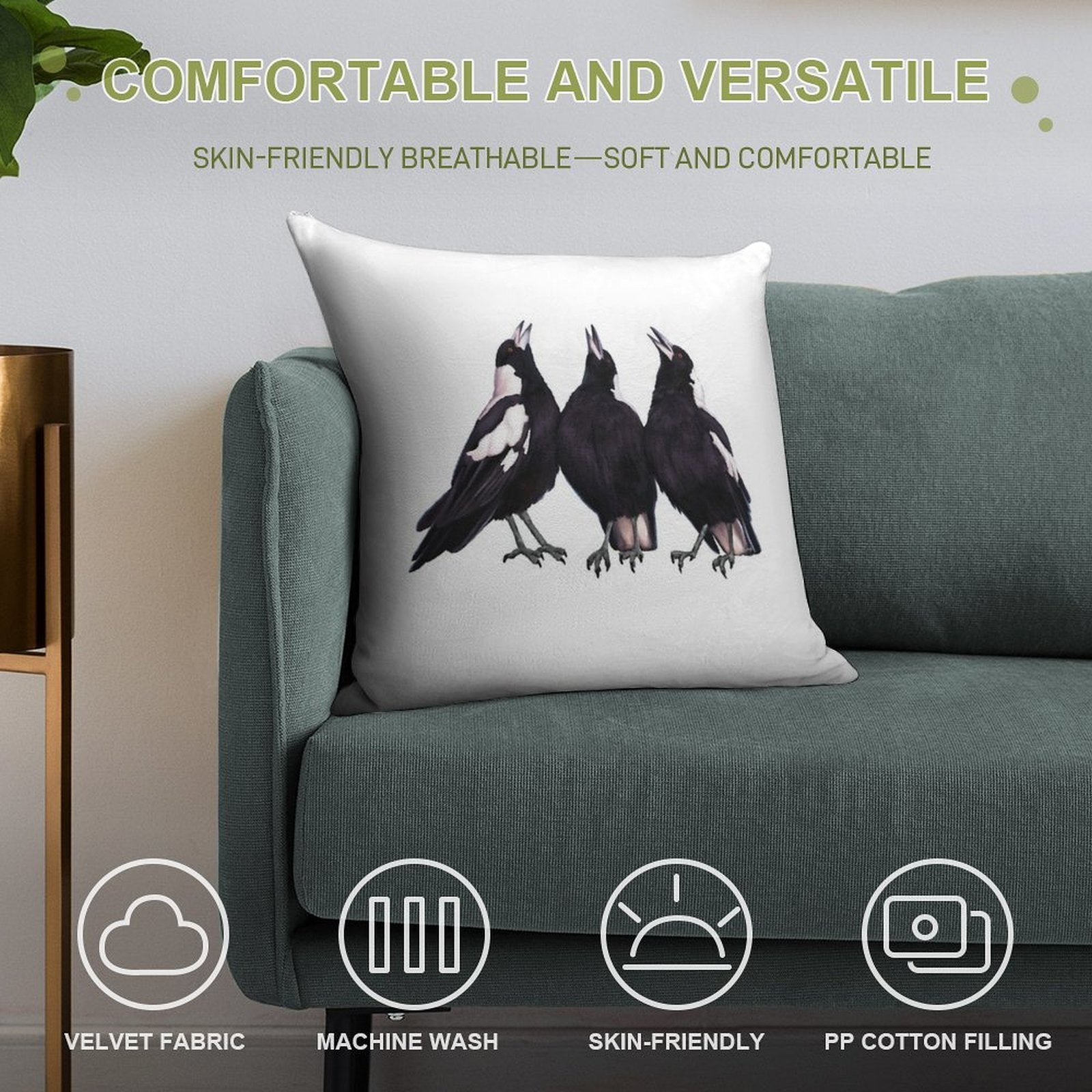 Trio of Warbling Magpies. Australian Theme Decor, Original Artwork. Unique Gift. Soft Luxury Feel Throw Pillow