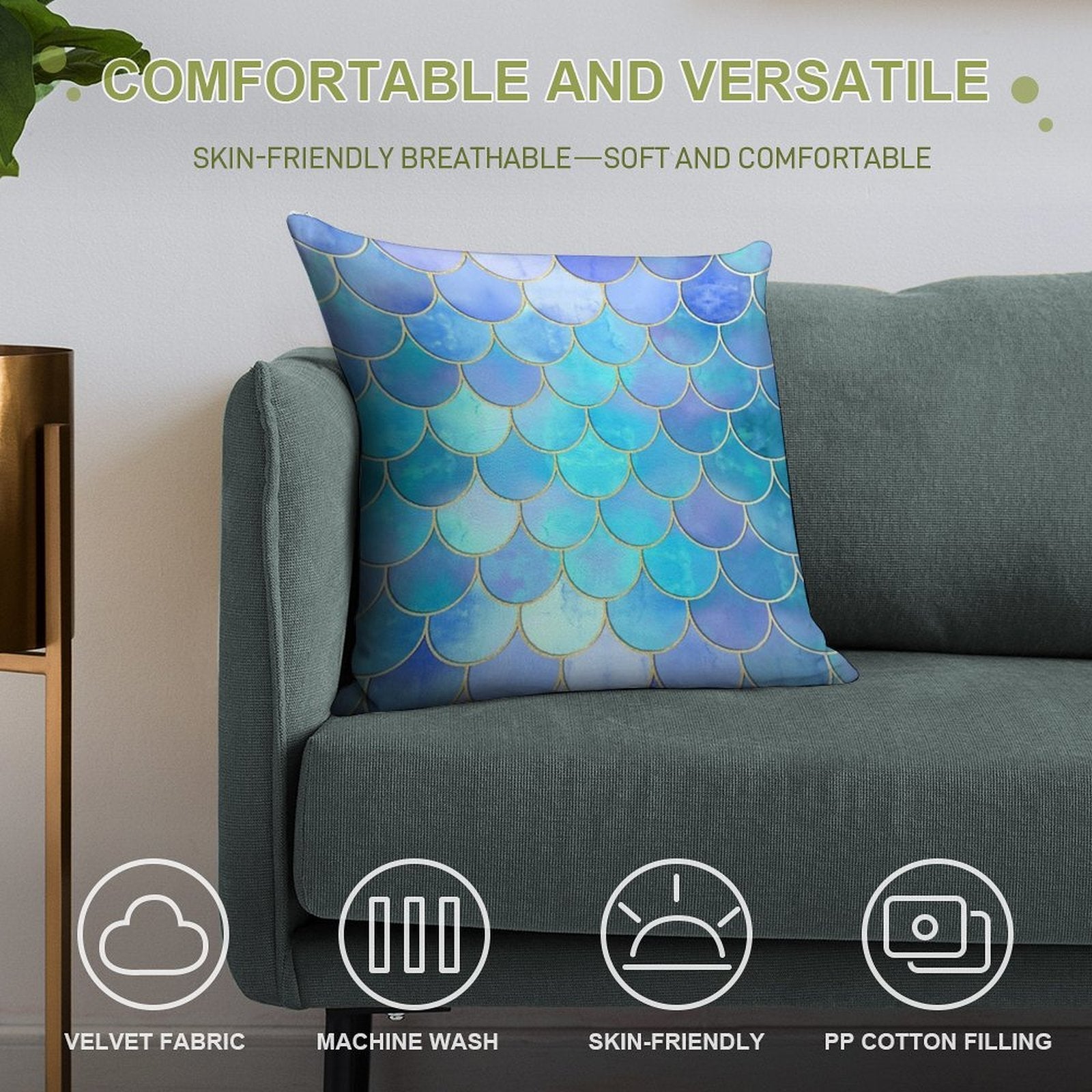 Aqua Pearlescent & Gold Mermaid Scale Pattern Soft Anti-Pilling Throw Pillow