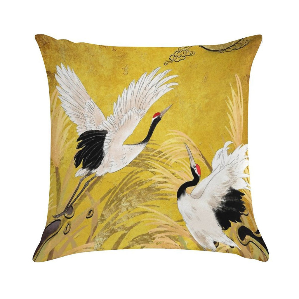 Golden Japanese Cranes Oriental Traditional Soft Hidden Zipper Throw Pillow