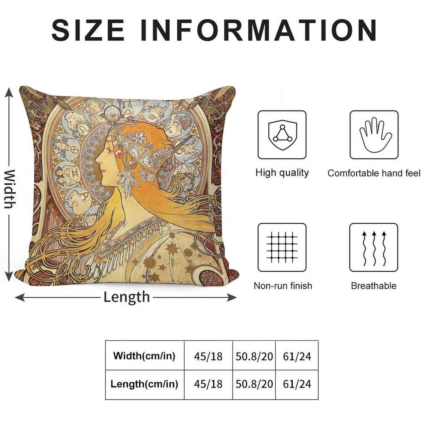 Alphonse Mucha Zodiac Art Nouveau Woman Soft Hidden Zipper Throw Pillow