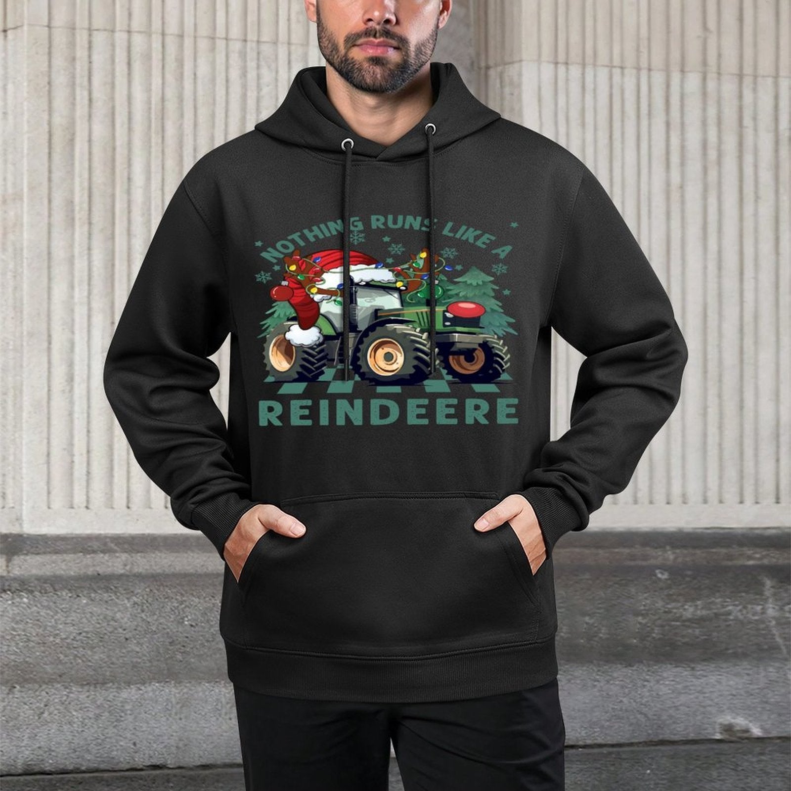 Merry Christmas Nothing Run Like Reindeer Santa Hat Tractor Breathable Fabric Hoodie