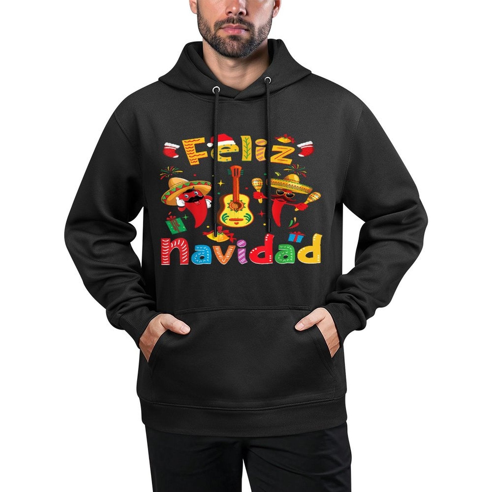 Feliz Navidad Mexican Fiesta Hot Pepper Guitar Xmas Party Casual Wear Hoodie