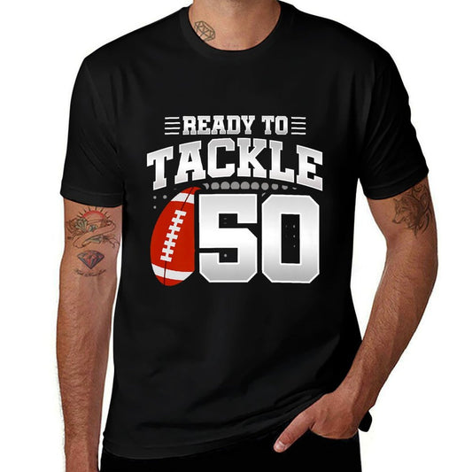 50th Birthday - Football Birthday Party - 50th Birthday Premium  Ribbed Collar T-Shirt