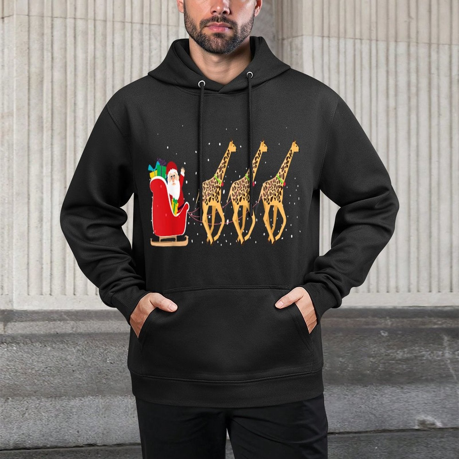 Giraffe Santa Christmas Sleigh - Funny Giraffe Xmas Breathable Fabric Hoodie