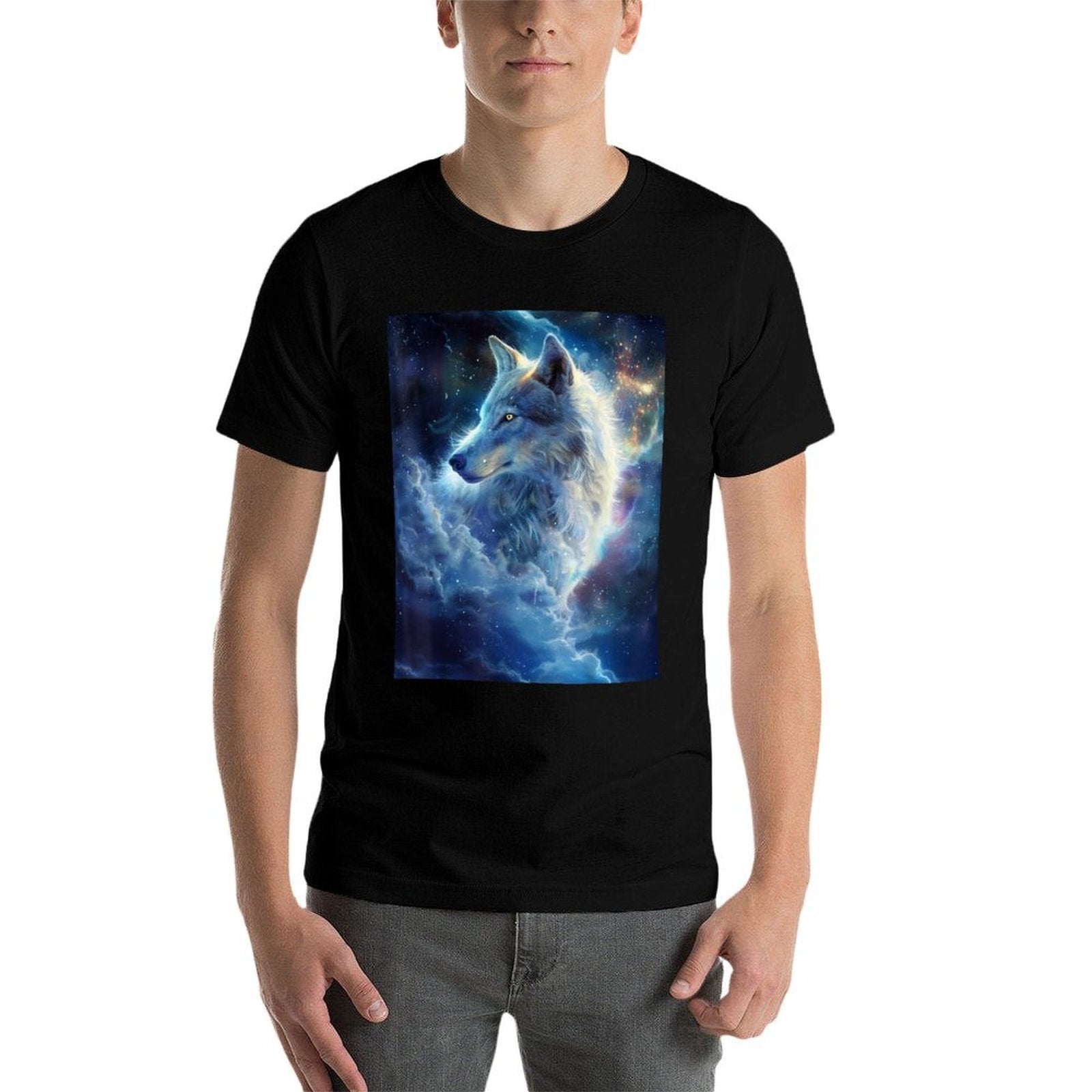 Alpha Galaxy Wolf Dark Fantasy Space Graphic Wolf Lovers  Summer-ready Fabric T-Shirt