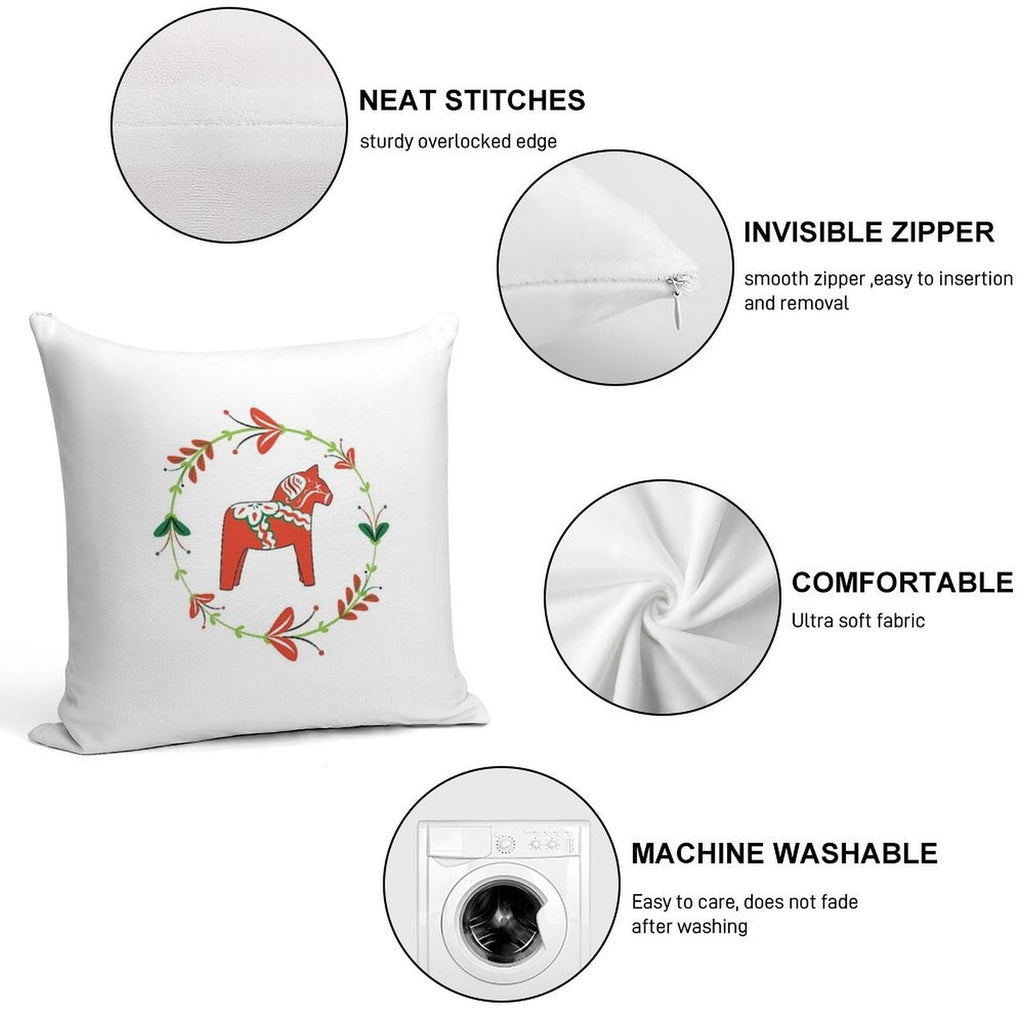Dala Horse with Swedish Folk Art Wreath Soft Home Decor Throw Pillow
