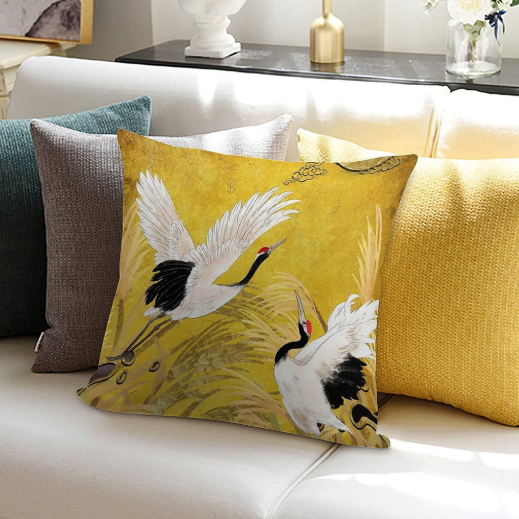 Golden Japanese Cranes Oriental Traditional Soft Hidden Zipper Throw Pillow