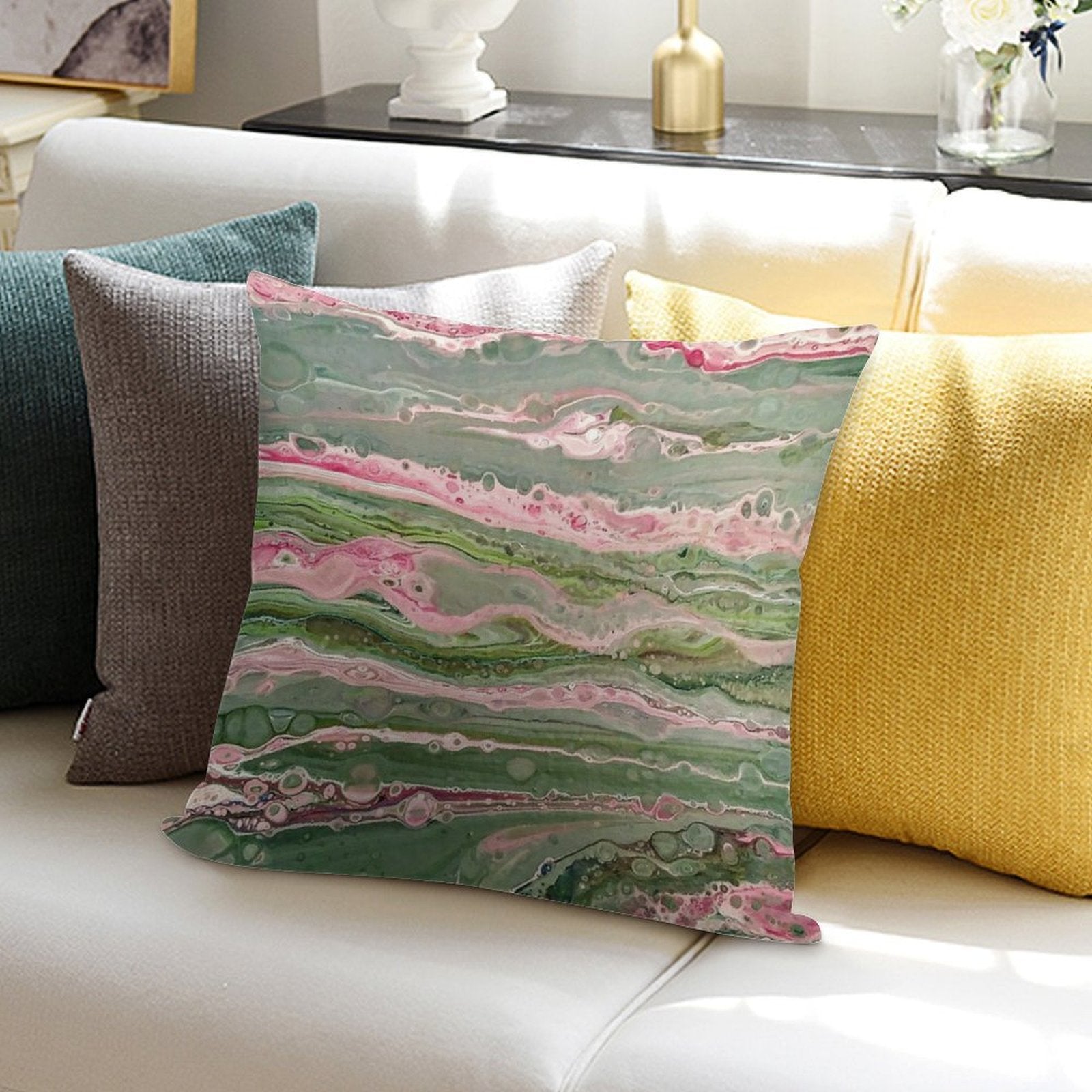 Pink And Green Striped Pour Soft Reinforced Edging Throw Pillow