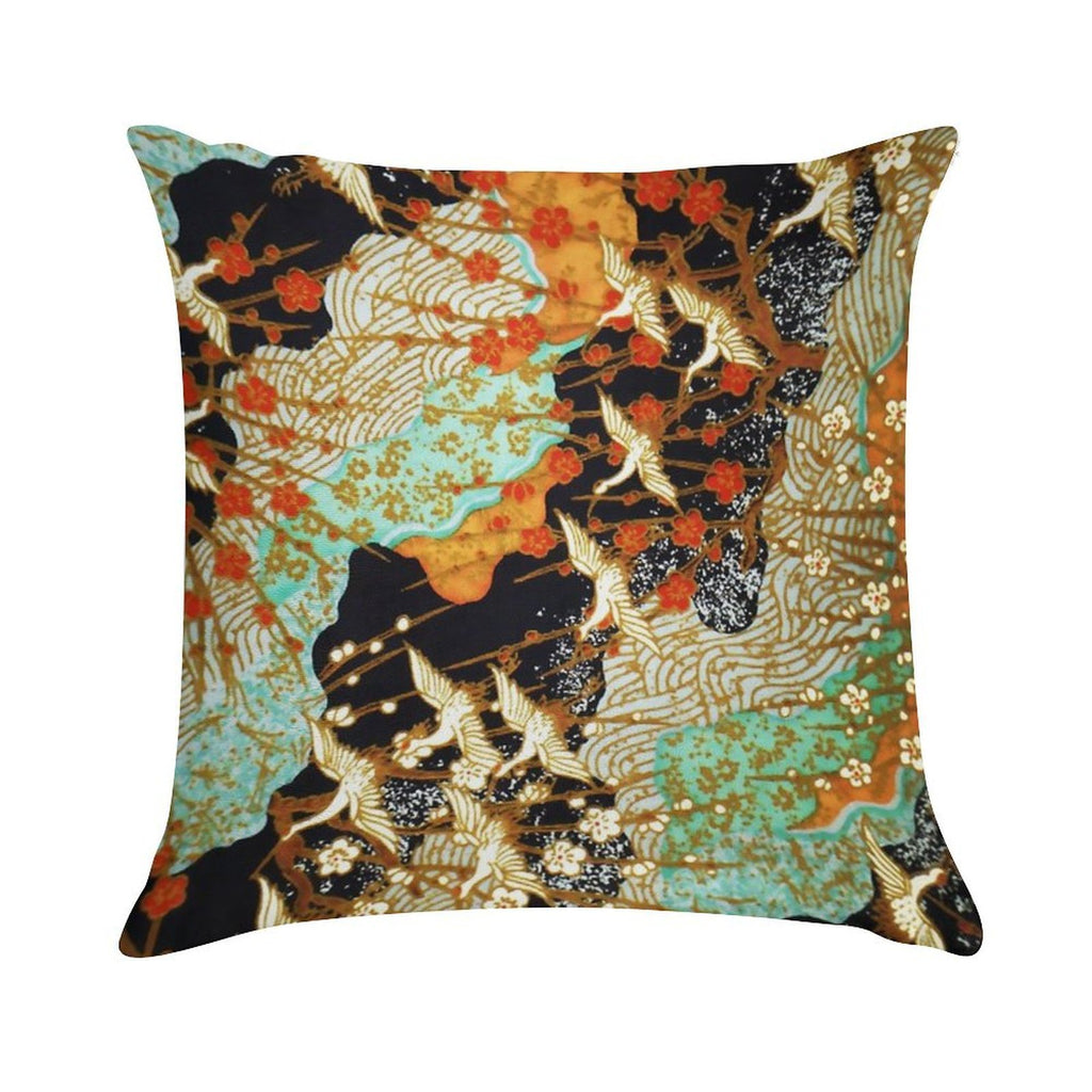 FLYING CRANES AND SPRING FLOWERS Antique Japanese Floral Soft Hidden Zipper Throw Pillow