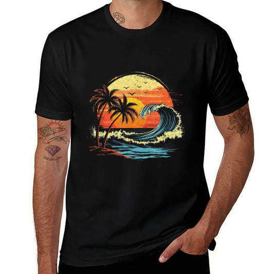 Retro Sunset Tropical Vintage Beach Palm Tree For Men Women  Fade-proof Color T-Shirt