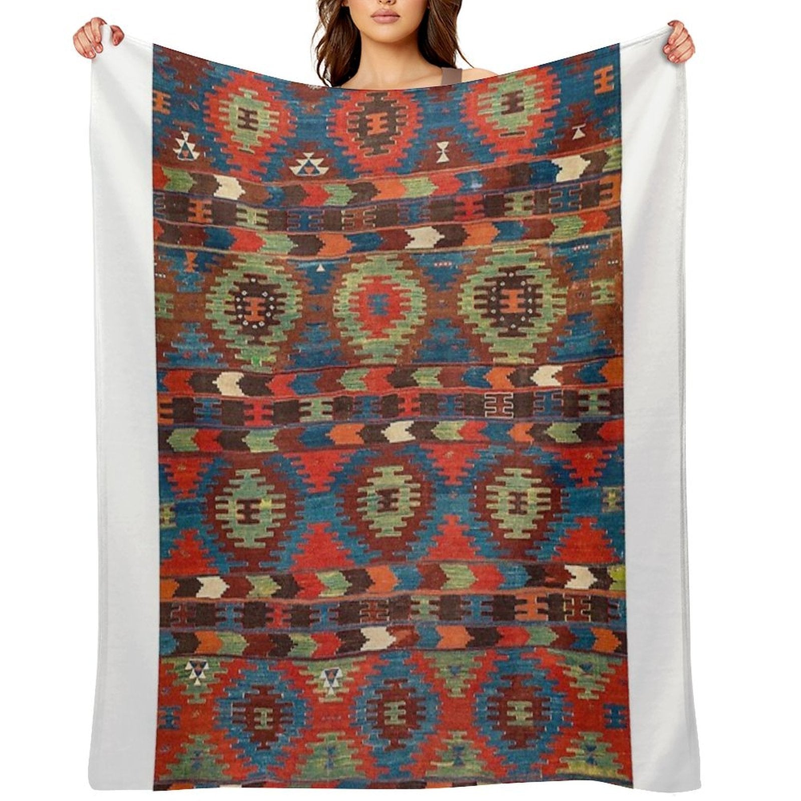 Tuscan Shapes III  19th Century Southwestern Colorful Red Blue Orange Green Brown Ornate Rug Pattern Comfort Throw Blanket