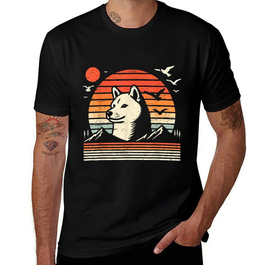 Vintage Shiba Inu Sunset Mountains Birds  Moisture-wicking T-Shirt