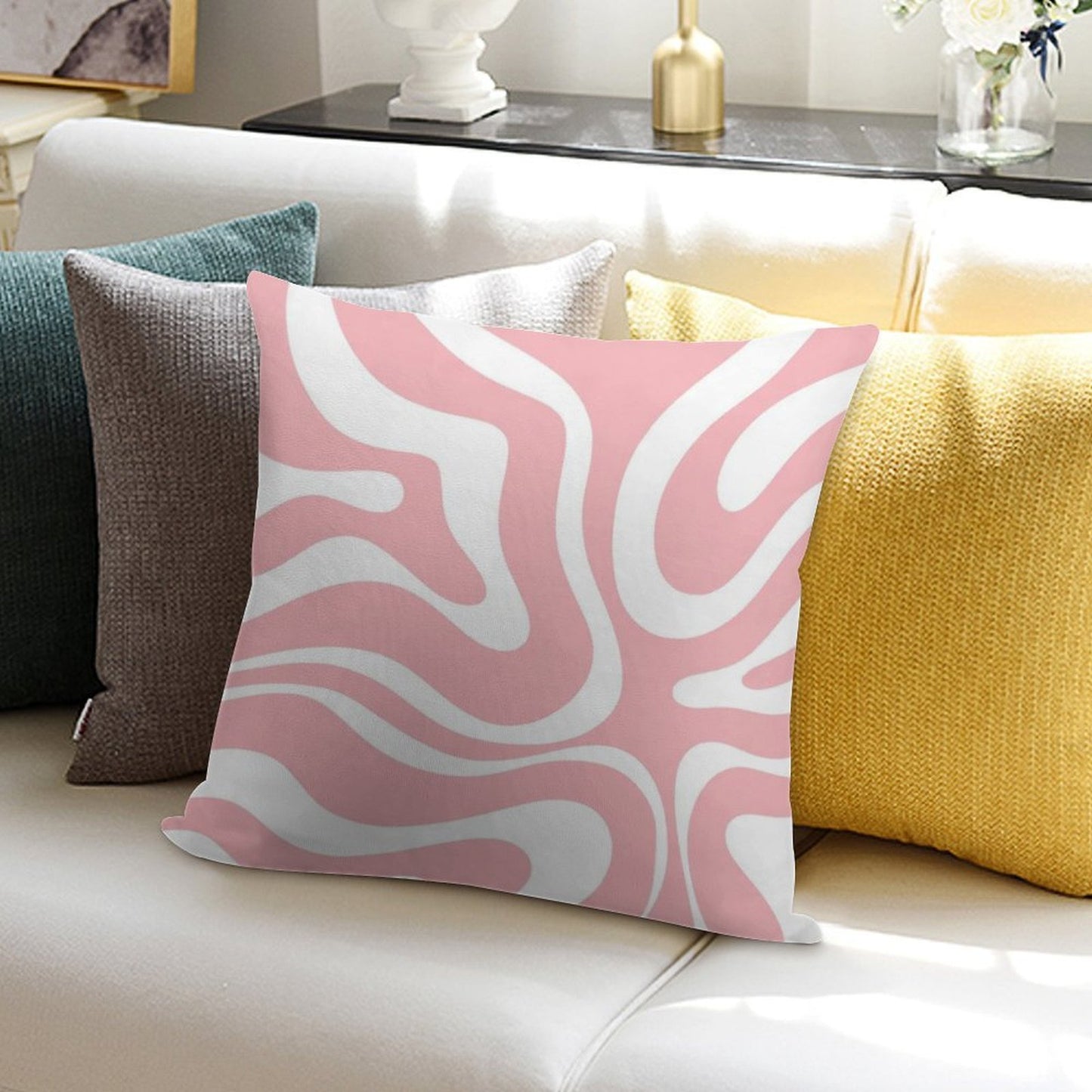 Retro Modern Liquid Swirl Abstract Pattern Square in Blush Pink And White Soft Home Decor Throw Pillow