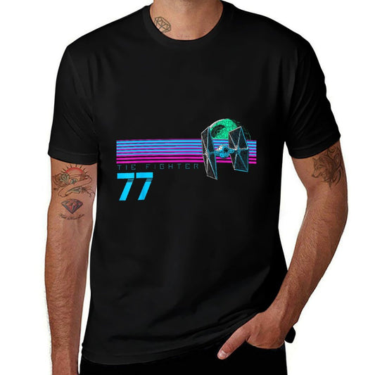 Star Wars Tie Fighter 77 Neon Retro Skyline Graphic  Cotton T-Shirt
