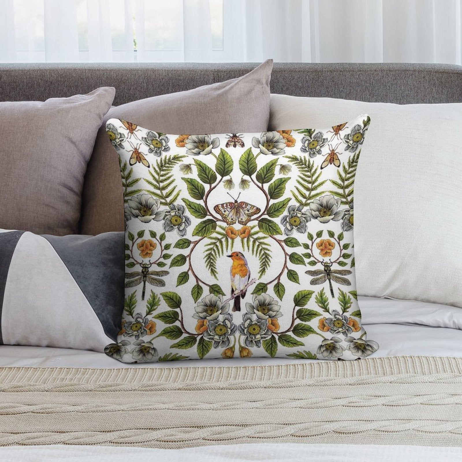 Spring Reflection - FloralBotanical Pattern W Birds, Moths, Dragonflies & Flowers Soft Gift Ready Throw Pillow