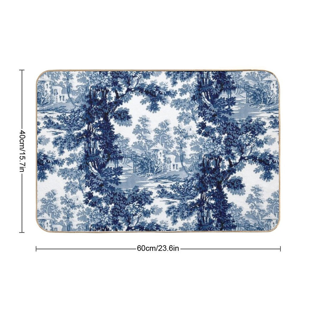 Vintage Landscape Toile-Blue & White  Easy To Clean Bath Mat