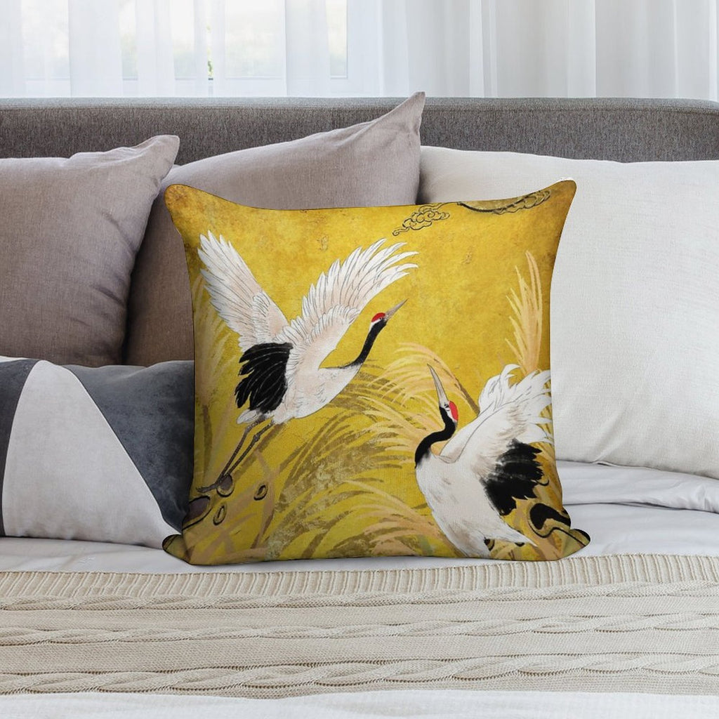 Golden Japanese Cranes Oriental Traditional Soft Hidden Zipper Throw Pillow