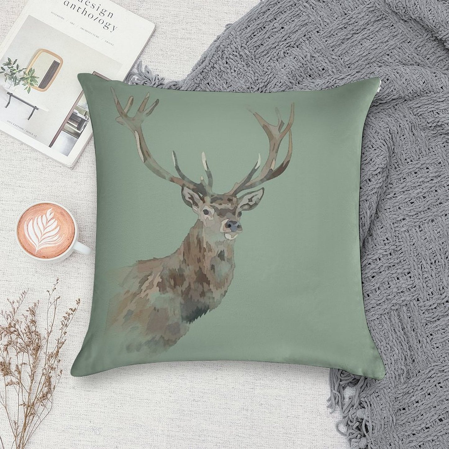 Watercolour Stag Green Soft Durable Construction Throw Pillow