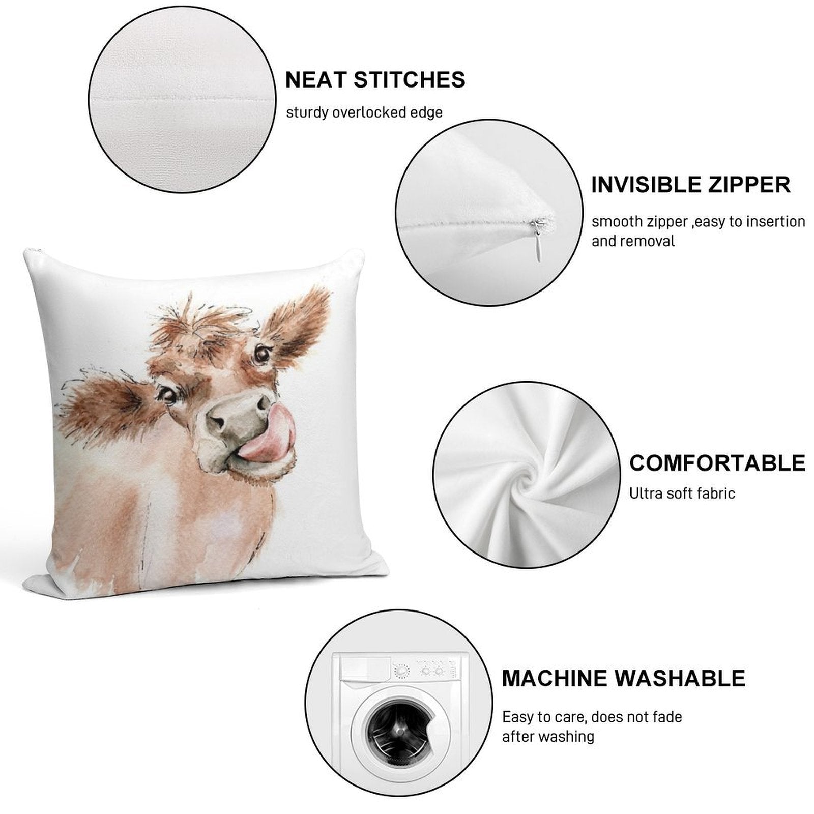 Funky Cow Soft Hidden Zipper Throw Pillow